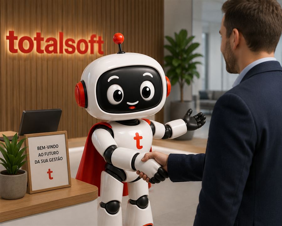 Robô mascote da Totalsoft a dar as boas-vindas e a cumprimentar um cliente na receção