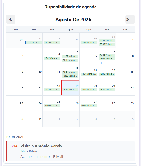 Agenda e disponibilidade de visitas no Total ViewCRM